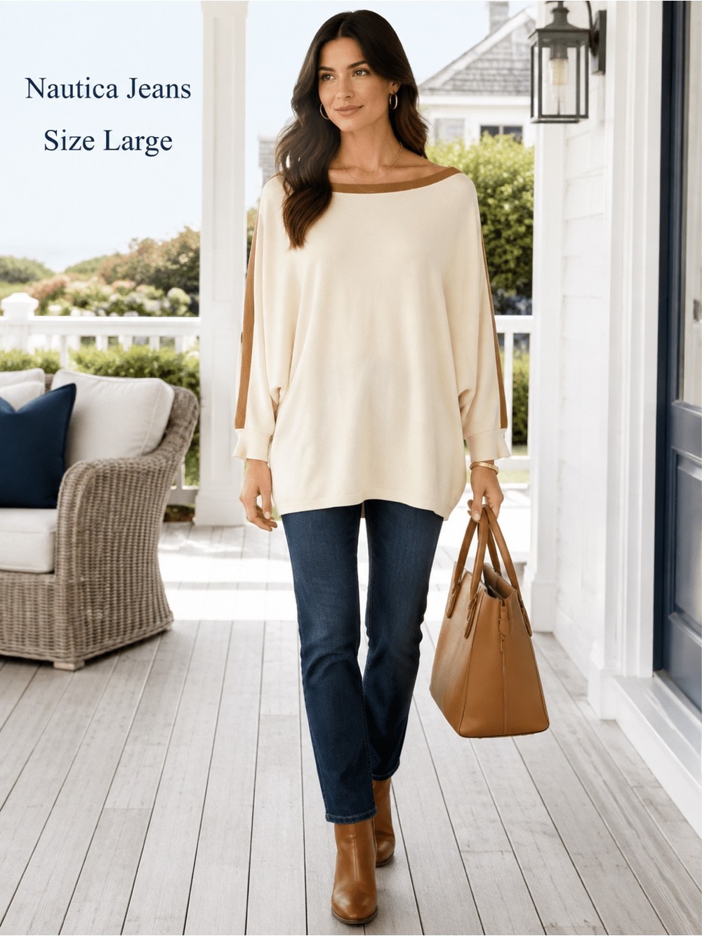 Nautica Jeans Women’s Large Ivory Camel Colorblock Dolman Sleeve Sweater